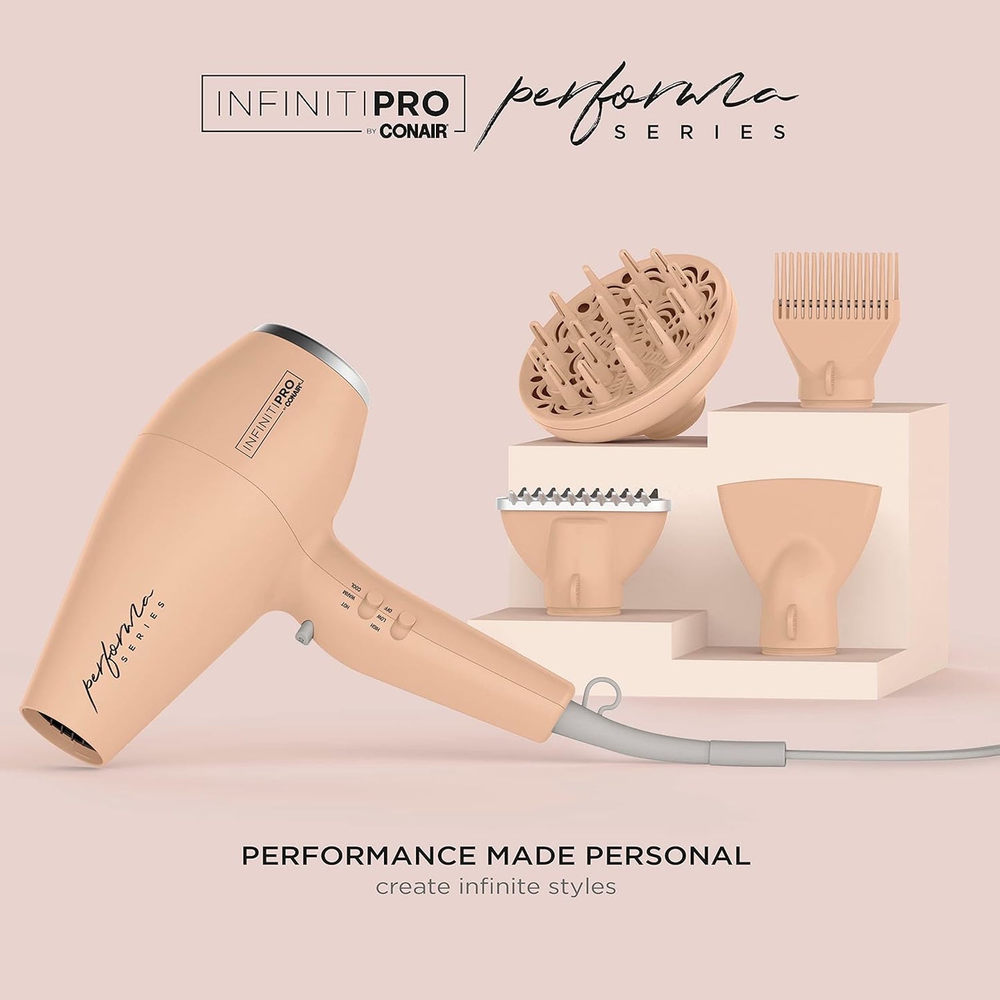 INFINITIPRO by Conair Performa Series Hair Dryer with Diffuser & Attachments – Blush Pink