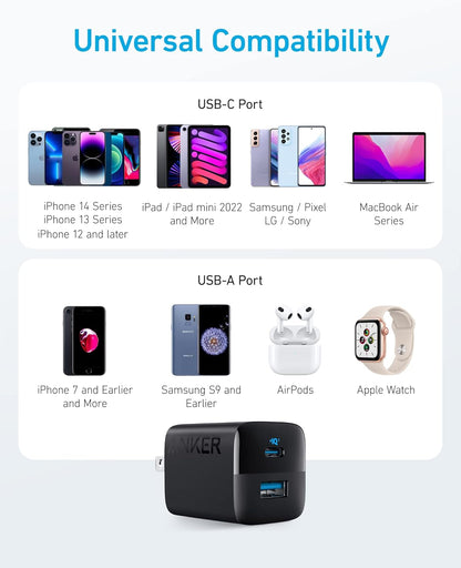 Anker USB C Charger Block, 33W 2 Port Compact Charger with Foldable Plug for iPhone 16/15, Galaxy, and More (Cable Not Included)