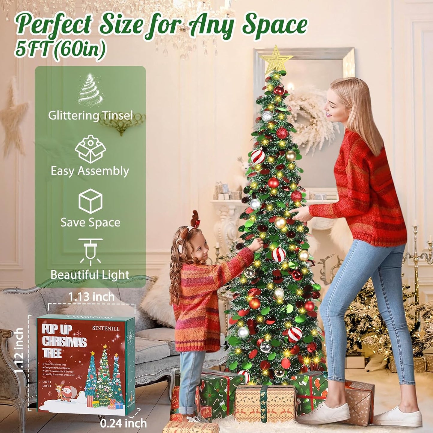 5FT Pop Up Christmas Tree with Timer LED Lights, 24 Ornaments & Star Topper  –  Collapsible Tinsel Pencil Tree for Home or Office