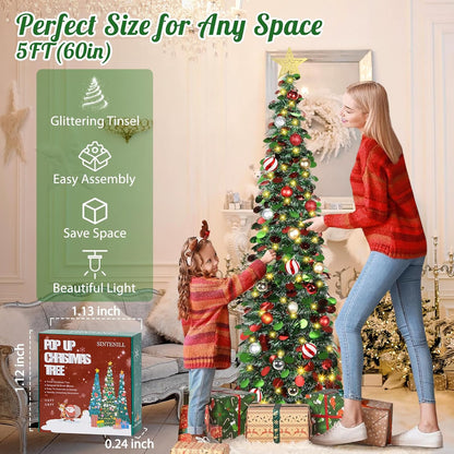5FT Pop Up Christmas Tree with Timer LED Lights, 24 Ornaments & Star Topper  –  Collapsible Tinsel Pencil Tree for Home or Office