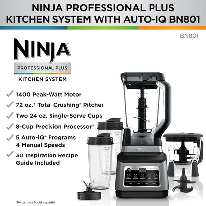 Ninja BN801C, Professional Plus Kitchen System With Auto-iQ, 72oz Pitcher, Black/Silver, 1400W