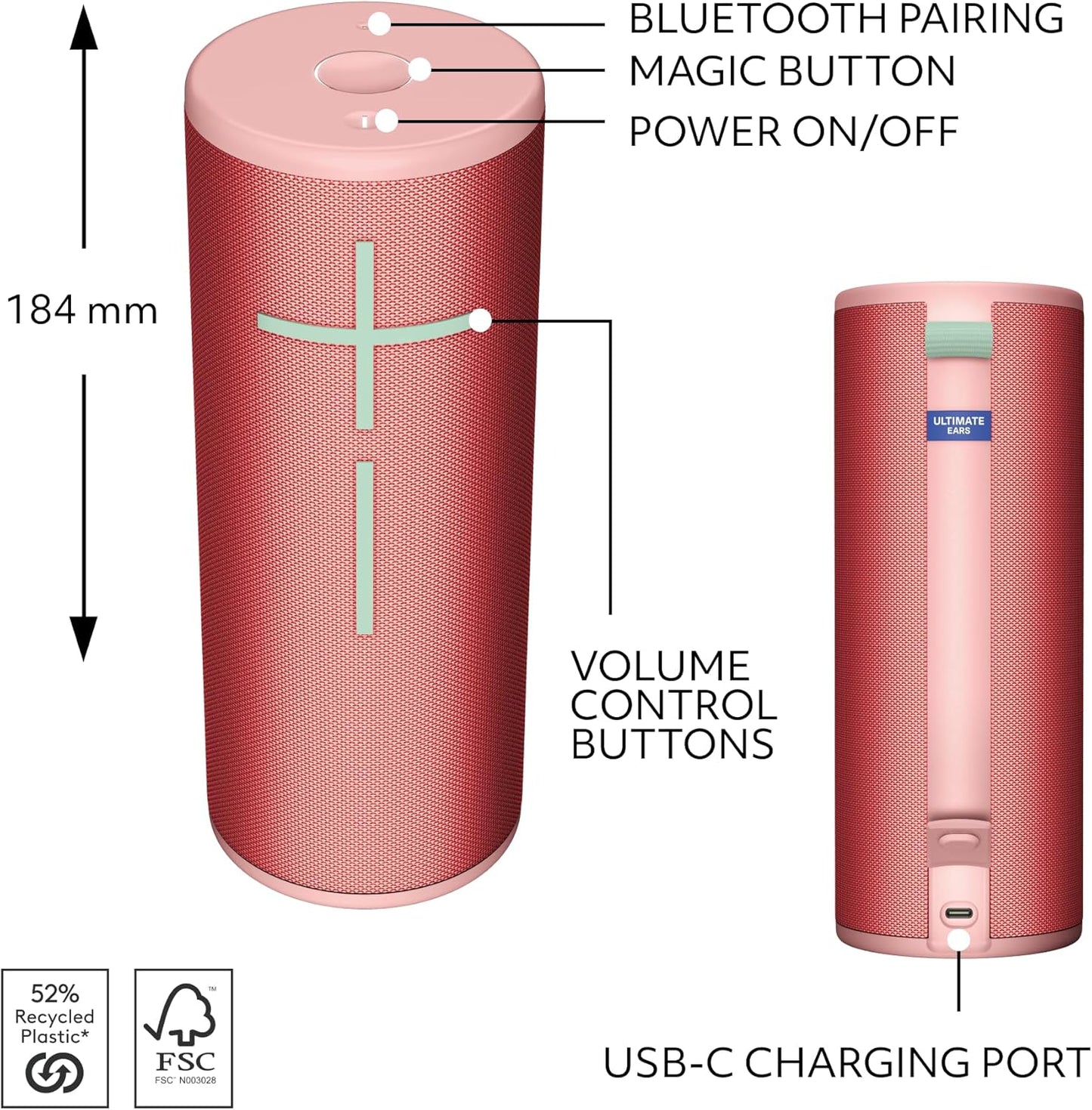 Ultimate Ears BOOM 4 Portable Waterproof Bluetooth Speaker – 360° Sound, 15-Hour Battery (Raspberry)