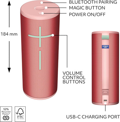 Ultimate Ears BOOM 4 Portable Waterproof Bluetooth Speaker – 360° Sound, 15-Hour Battery (Raspberry)