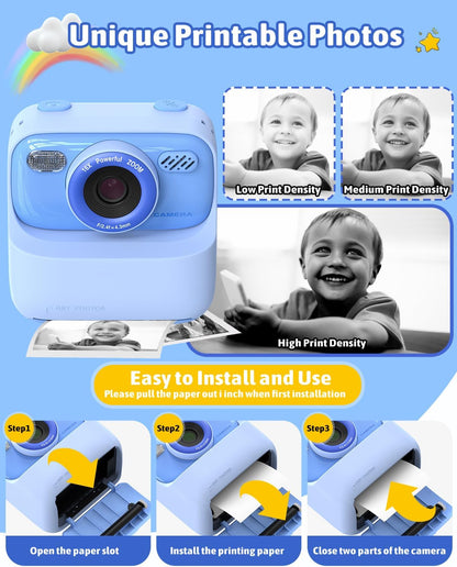 Kids Instant Print Camera, Digital Photo & HD Video, Fun Gift for Girls Boys 3-12 (Blue)