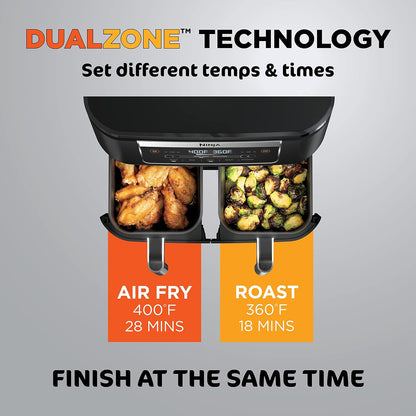 Ninja Foodi DZ090C 6-Qt Dual Basket Air Fryer with DualZone Technology, 5-in-1 Air Fry, Bake, Roast, Reheat & Dehydrate, Black