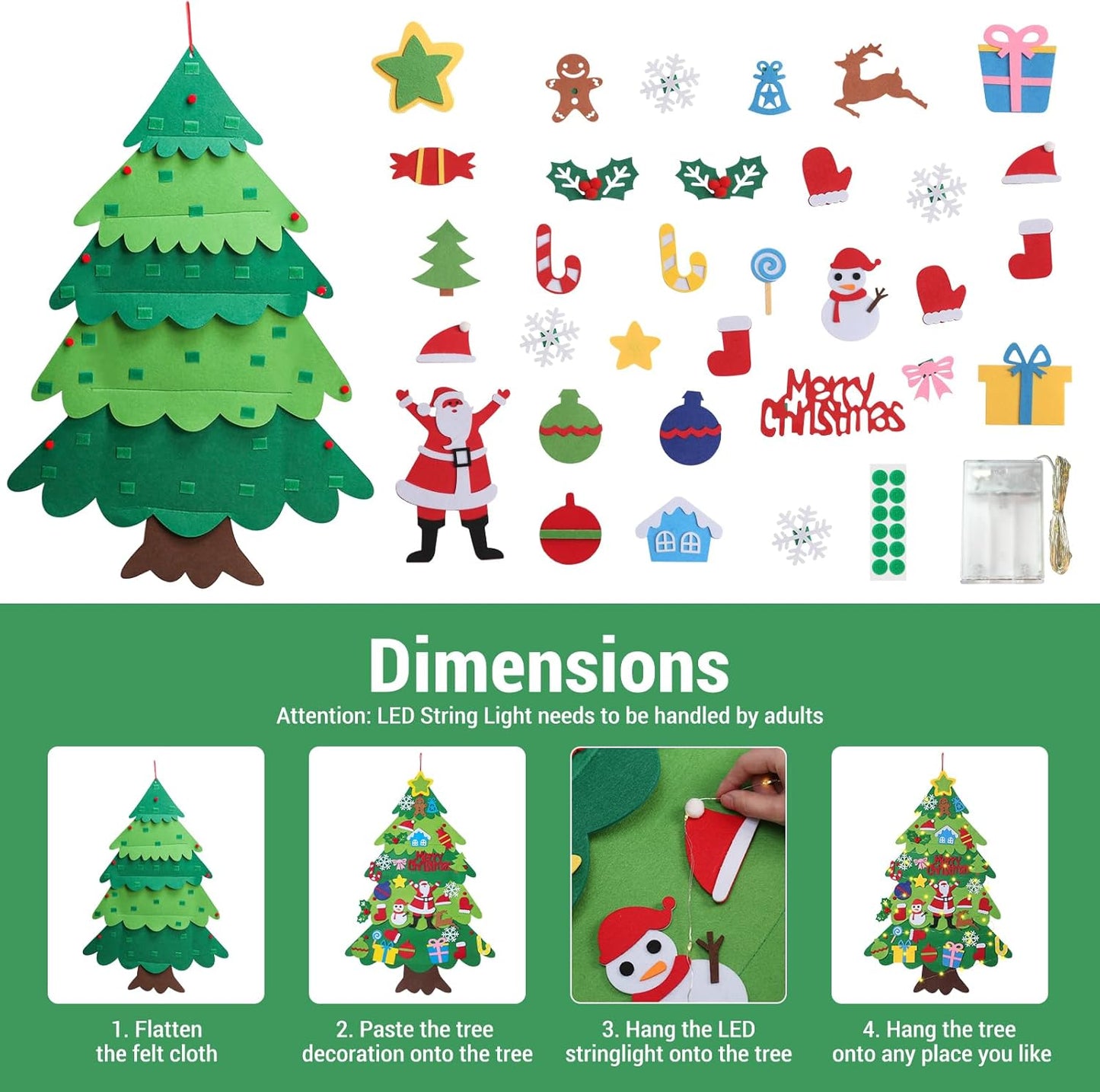 3.28Ft DIY Felt Christmas Tree for Kids with 32 Ornaments and LED Light