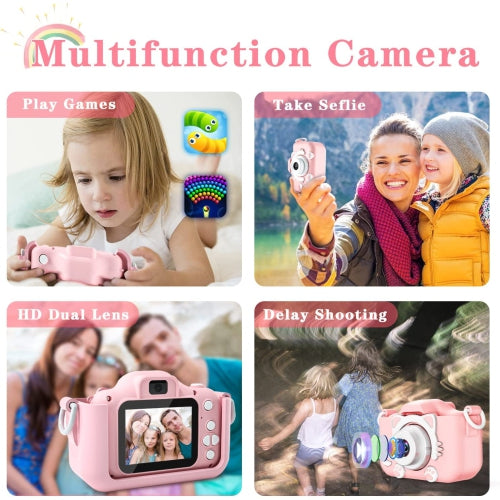 Cat Camera Toy for Kids, Digital Camera with 2.0 Inch Display, 100° angle lens, 3 puzzle games, 28 frames and 6 kinds of filters, HD Video Camera with 32GB SD Card.