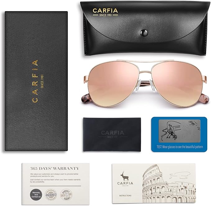 CARFIA Polarized Womens Sunglasses UV Protection Classic Pilot Sun Glasses Nickel-free Safety Metal Frame CA3216 Pink Mirror