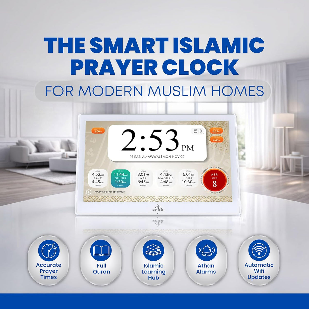 Masjidal 14" Digital Azan Clock with WiFi, Touchscreen, Full Quran & Worldwide Prayer Times