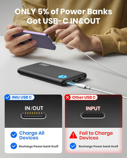 10000mAh Slim USB-C Power Bank with Fast Charging & Flashlight