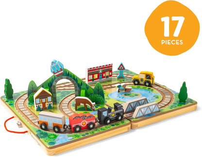 Melissa & Doug Take-Along Wooden Train Set with Foldable Carry Case, 17 Pieces