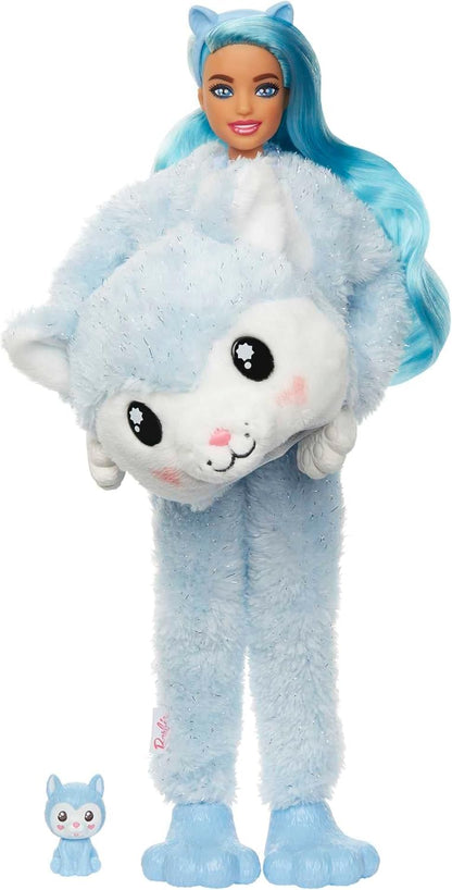 Barbie Cutie Reveal Doll, Snowflake Sparkle Series Husky Plush Costume, 10 Surprises Including Mini Pet & Color Change