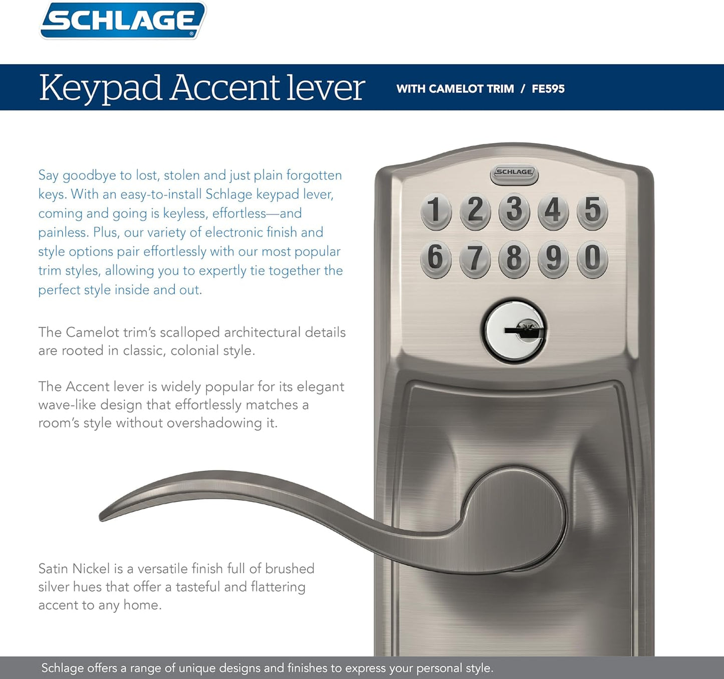 Schlage Camelot Keypad Entry with Flex-Lock and Accent Lever, Aged Bronze, FE595 CAM 716 Acc