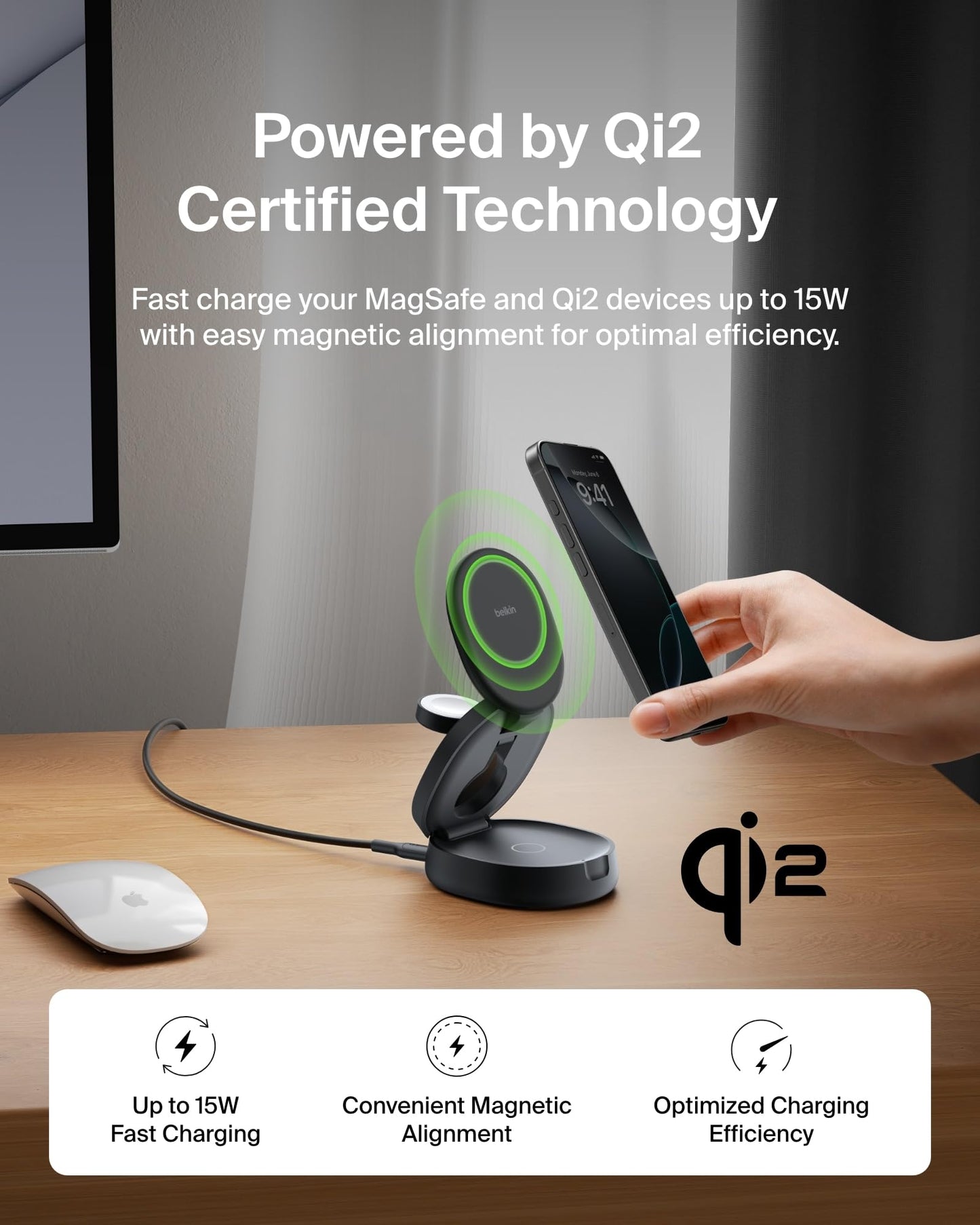 Belkin MagSafe 3-in-1 Qi2 Wireless Charging Station 15W, Convertible Wireless Charger for iPhone 17, Apple Watch, AirPods w/ 36W Adapter - Black
