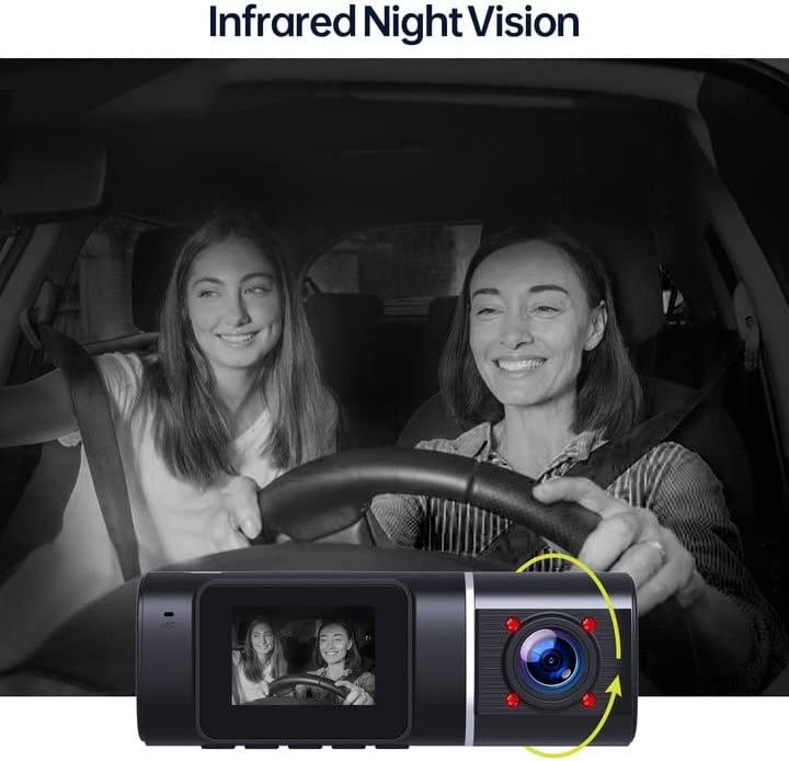 Dual Dash Cam - FHD 1080P Front & Inside, Night Vision, 64GB SD Card