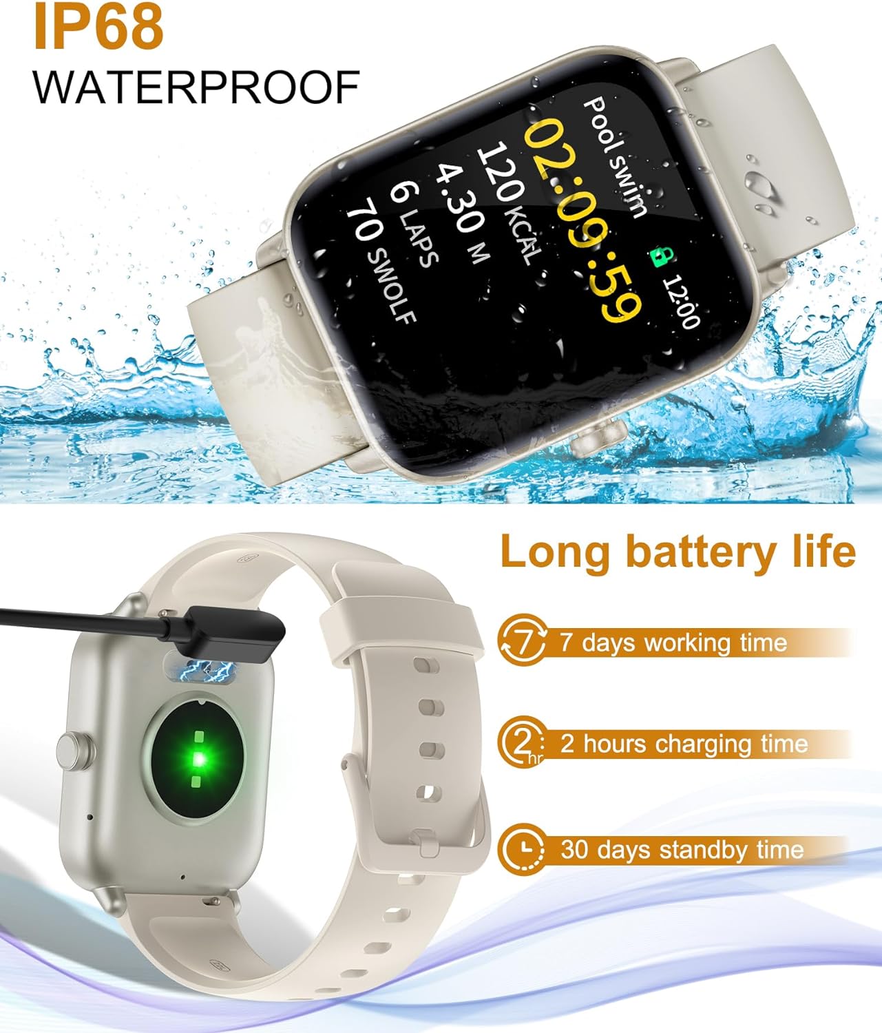 Gleam Up Smart Watch - Fitness Tracker, Heart Rate Monitor, IP68 Waterproof (White)