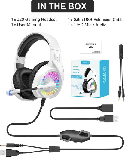 Gaming Headset with Microphone, Wired Headset with RGB Light. (White)