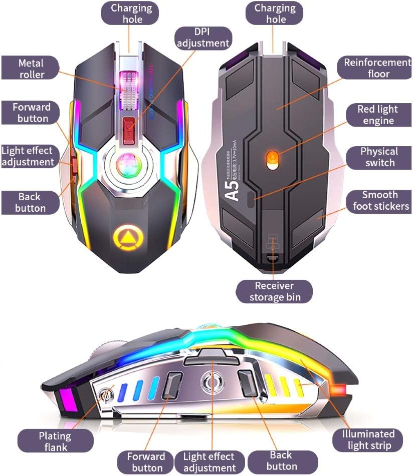 ErgoBeam Wireless Rechargeable Gaming Mouse Mice Souris, RGB Backlit 7 Buttons 1600DPI for PC Gamer Laptop Desktop Chromebook Mac