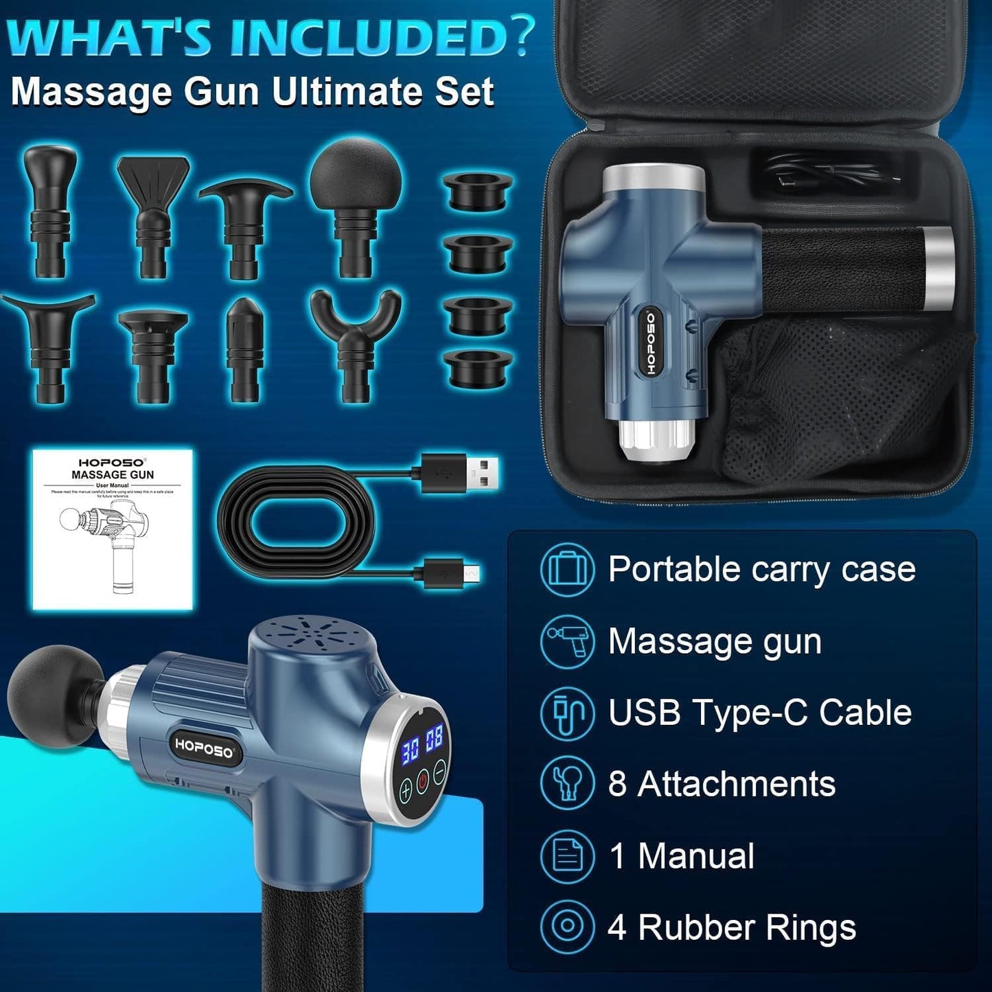 Massage Gun Powerful Portable Sports Massage Gun with 30 Speeds 8 Massager Heads, High Speed Quiet Motor Massager Gun, LCD Screen, Carry Case, Gift for Men Women