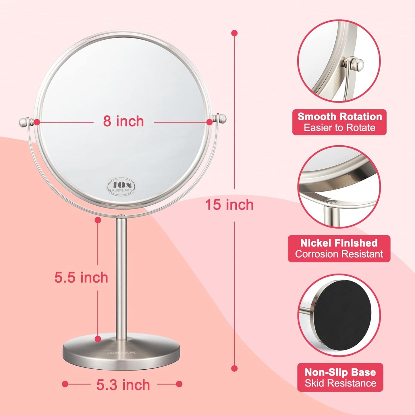 8-Inch Double Sided Vanity Tabletop Mirror with 10X Magnification