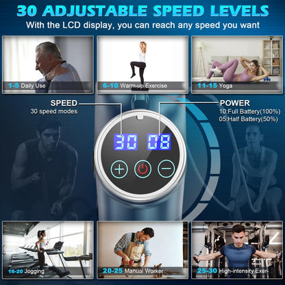 Massage Gun Powerful Portable Sports Massage Gun with 30 Speeds 8 Massager Heads, High Speed Quiet Motor Massager Gun, LCD Screen, Carry Case, Gift for Men Women