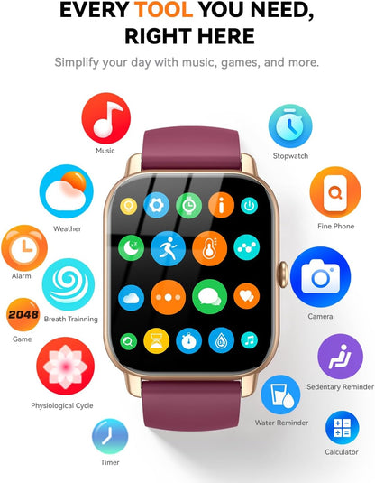 Smart Watch for Men & Women, 1.85" HD Fitness Tracker with Bluetooth Calling, Compatible with iOS & Android (Burgundy)