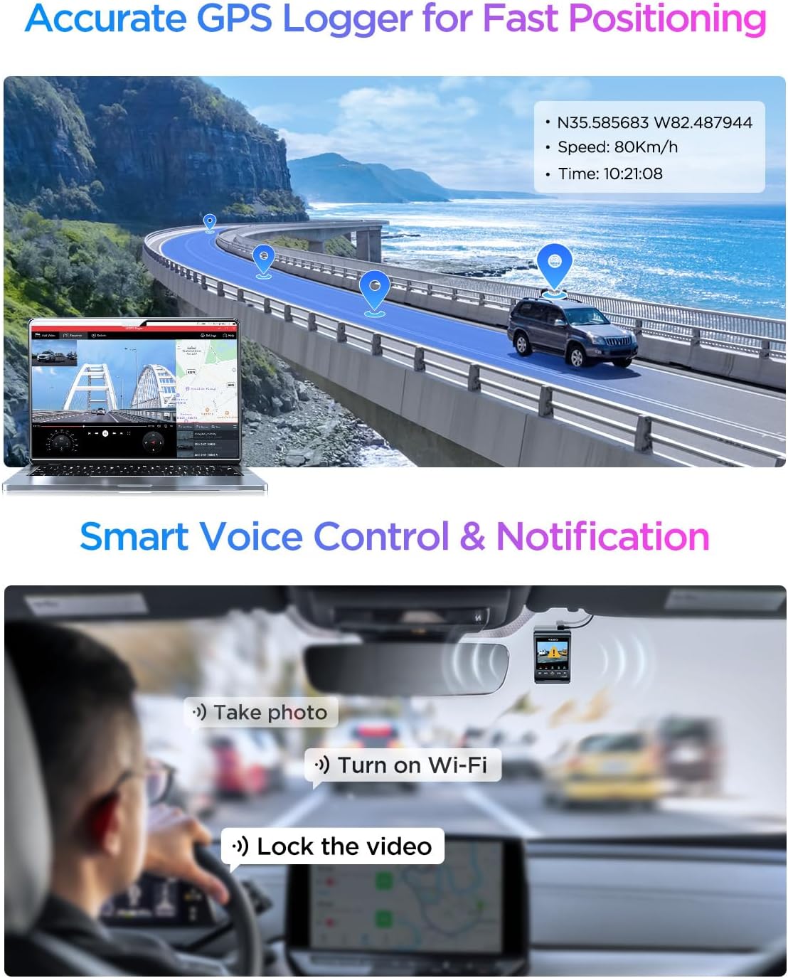 VIOFO A329S 4K 60FPS Front & 2K Rear Dash Cam, Dual STARVIS 2 Sensors, Wi-Fi 6, GPS, Voice Control, HDR Parking Mode, Supports 4TB SSD