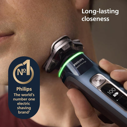 Philips i9000 Prestige Electric Shaver, Mystic Blue | SkinIQ Comfort, Wet or Dry Use, 360° Dual SteelPrecision Blades, Quick Clean Pod, Includes Travel Case, XP9201/20