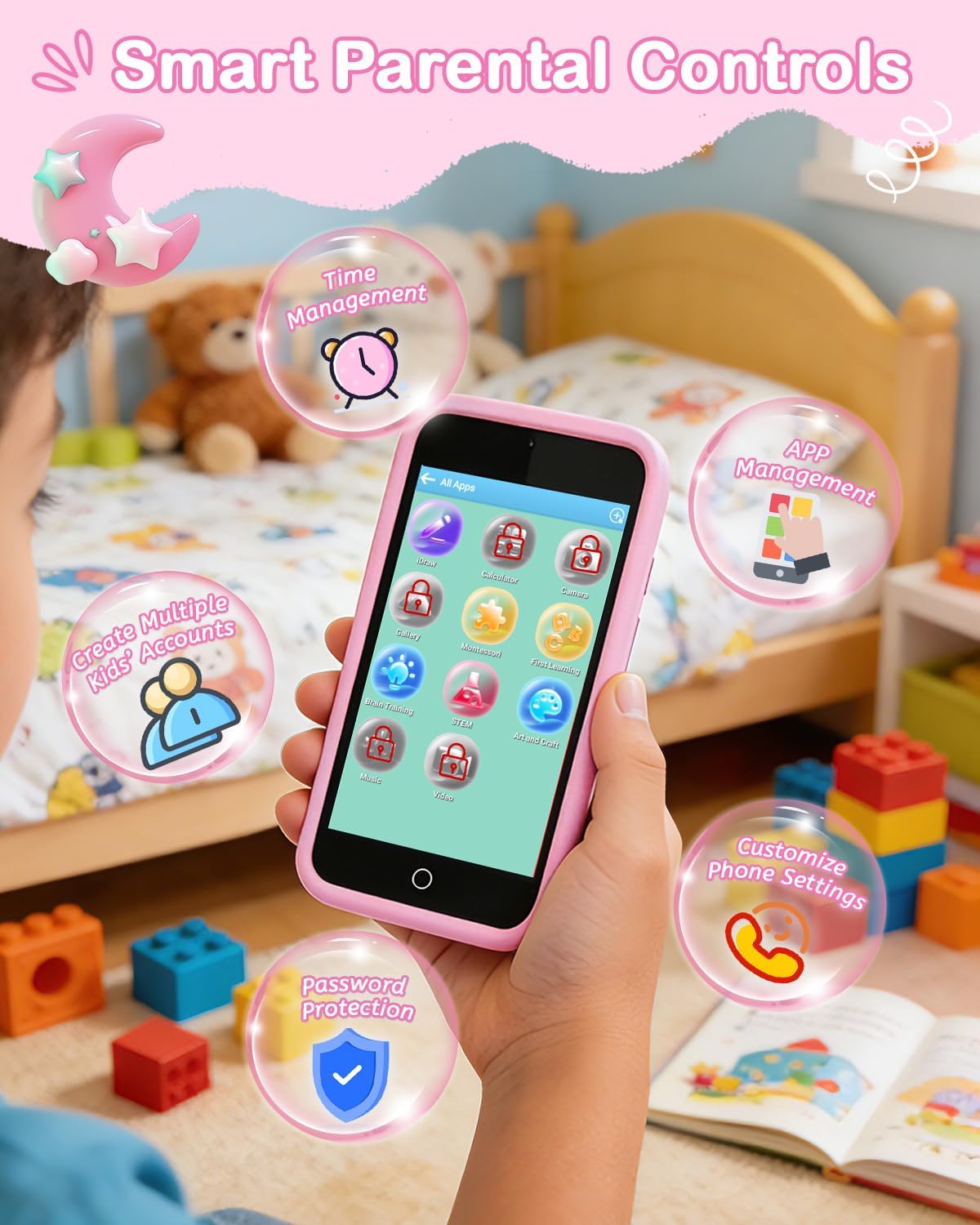 Kids Smart Toy Phone with Dual Camera, 3.97" Touchscreen, 210+ Learning Games, 190+ Drawing Activities, 8GB for Ages 3-12