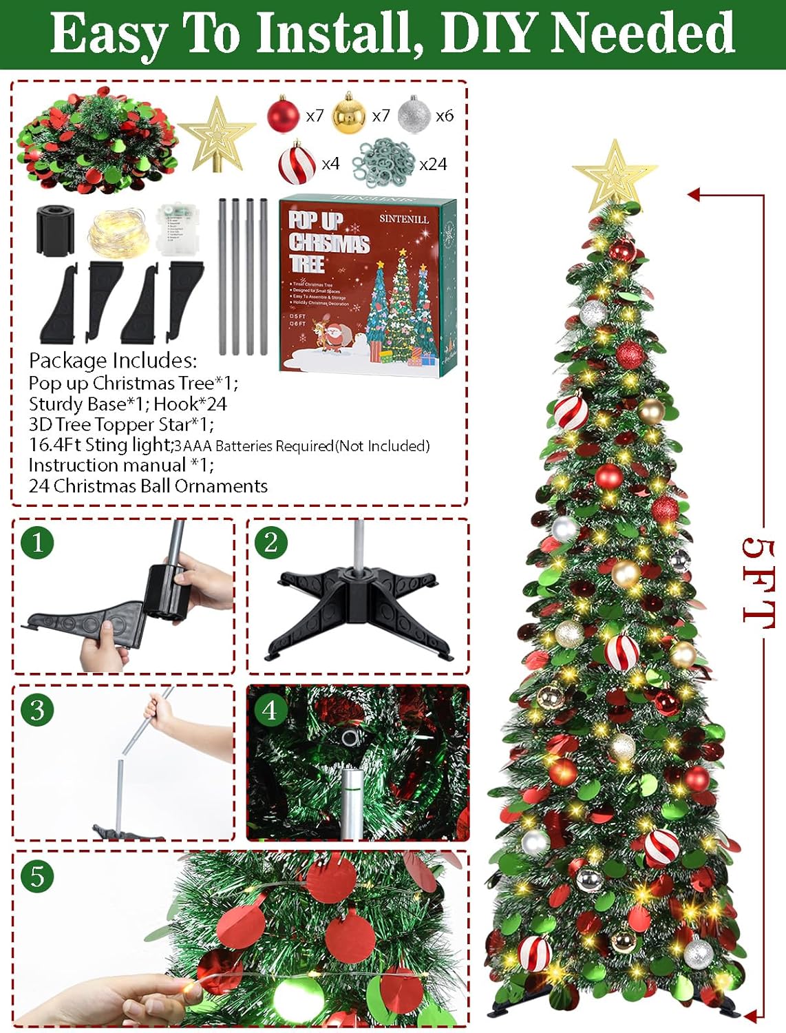 5FT Pop Up Christmas Tree with Timer LED Lights, 24 Ornaments & Star Topper  –  Collapsible Tinsel Pencil Tree for Home or Office