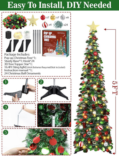 5FT Pop Up Christmas Tree with Timer LED Lights, 24 Ornaments & Star Topper  –  Collapsible Tinsel Pencil Tree for Home or Office