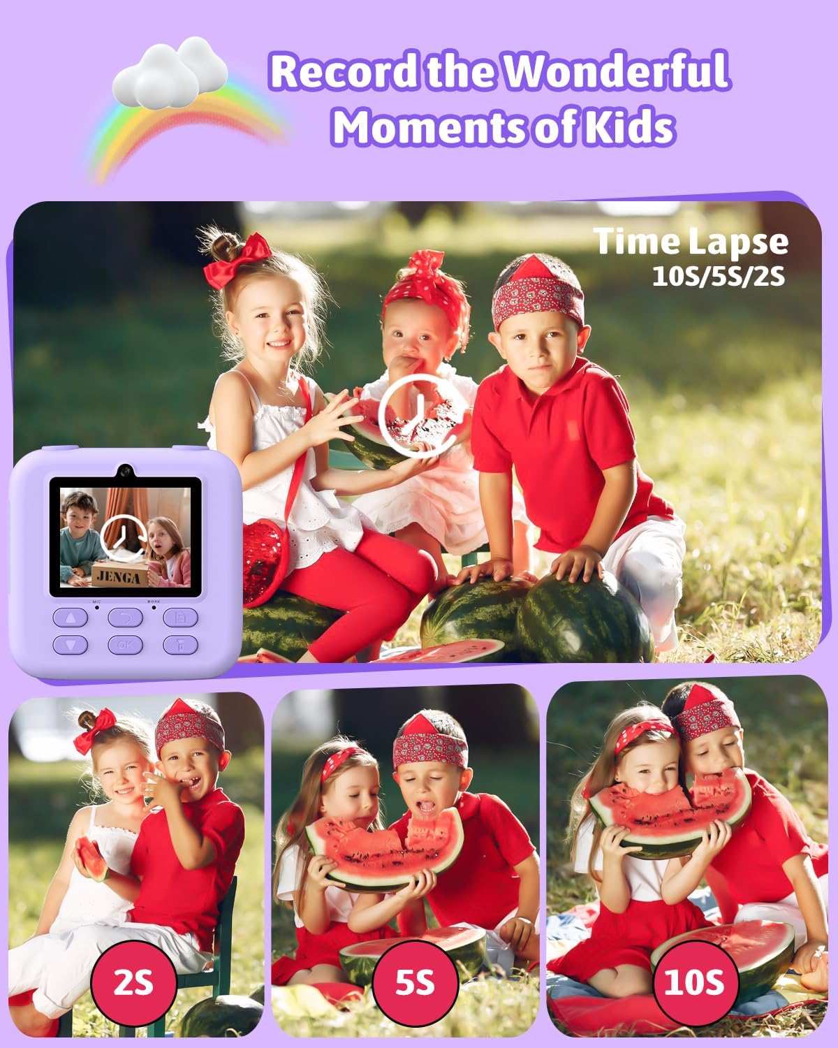 Kids Instant Print Camera, Digital Photo & HD Video, Fun Gift for Girls Boys 3-12 (Purple)