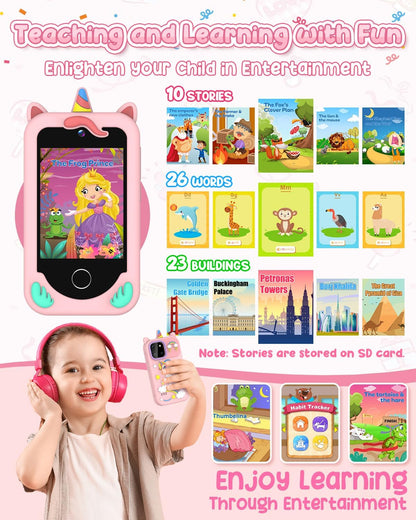 Kids Smart Phone Toy Pink for Girls 3-8 Years Old. Toddler Unicorn Gifts, Educational games, Dual cameras, MP3 Music Player, and touchscreen pretend play. Toddler Birthday Gifts