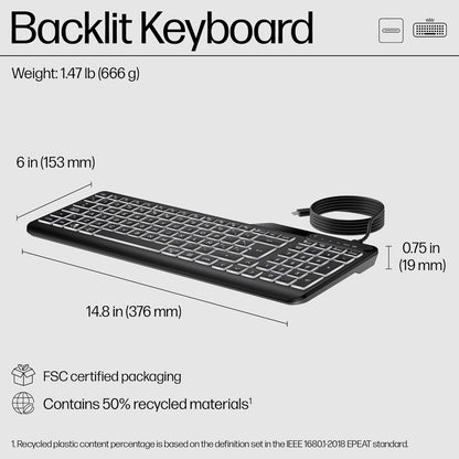HP 400 Backlit Wired Keyboard – Warm White LED, Slim, Spill-Resistant