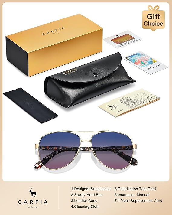 CARFIA Polarized Womens Sunglasses UV Protection Classic Pilot Sun Glasses Nickel-free Safety Metal Frame CA3216 Two Tone Lens