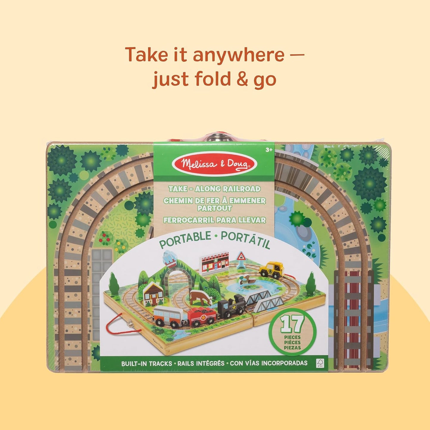 Melissa & Doug Take-Along Wooden Train Set with Foldable Carry Case, 17 Pieces