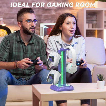 Headset Stand with Phone Holder & Controller Mount, 9 Light Modes, USB Charging Ports, Rotatable Headphone Hanger, Gaming PC Accessories Storage Hook (Black)