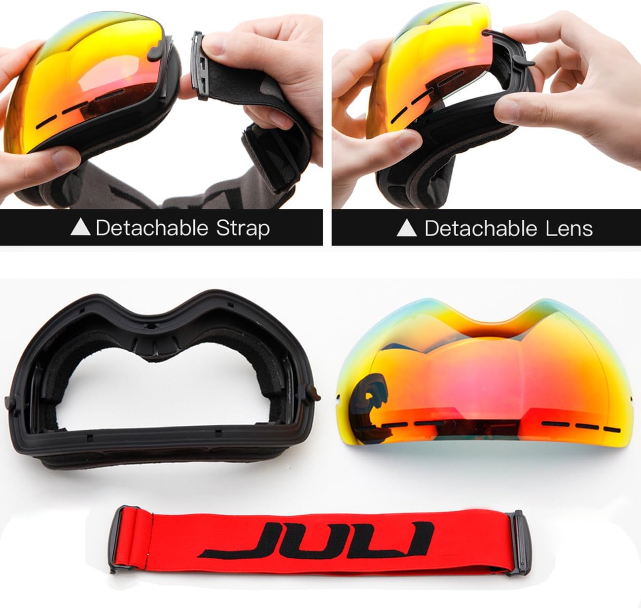 OTG (Over-the-Glasses) Design Ski & Snowboard Goggles for Men, Women & Youth with 100% UV Protection (Black/Red)