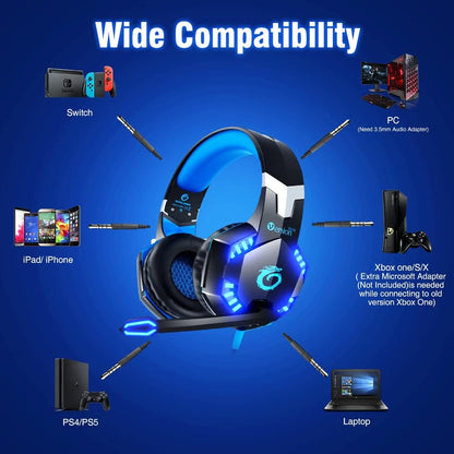 G2000 Stereo Gaming Headset for PC, Xbox One, PS4, PS5 - 3D Surround Sound, Noise-Cancelling Mic, Volume Control, LED Lights - Wired Gaming Chat Headphones - BLACK