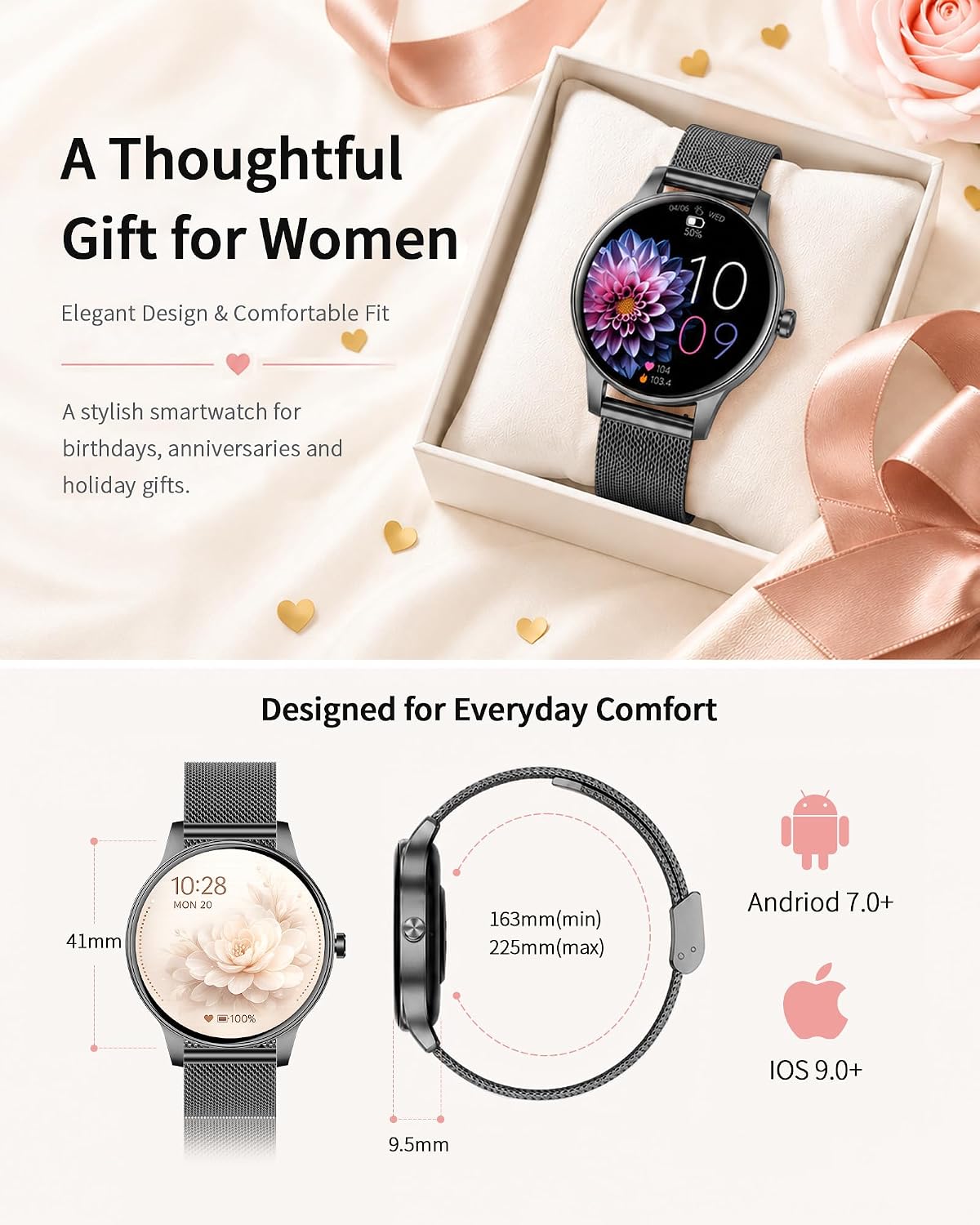 HER Luxury Smart Watch with Bluetooth Calling, 1.32" Custom Dial Fitness Tracker – Heart Rate, Sleep & Step Monitor, Waterproof, Android & iPhone Compatible