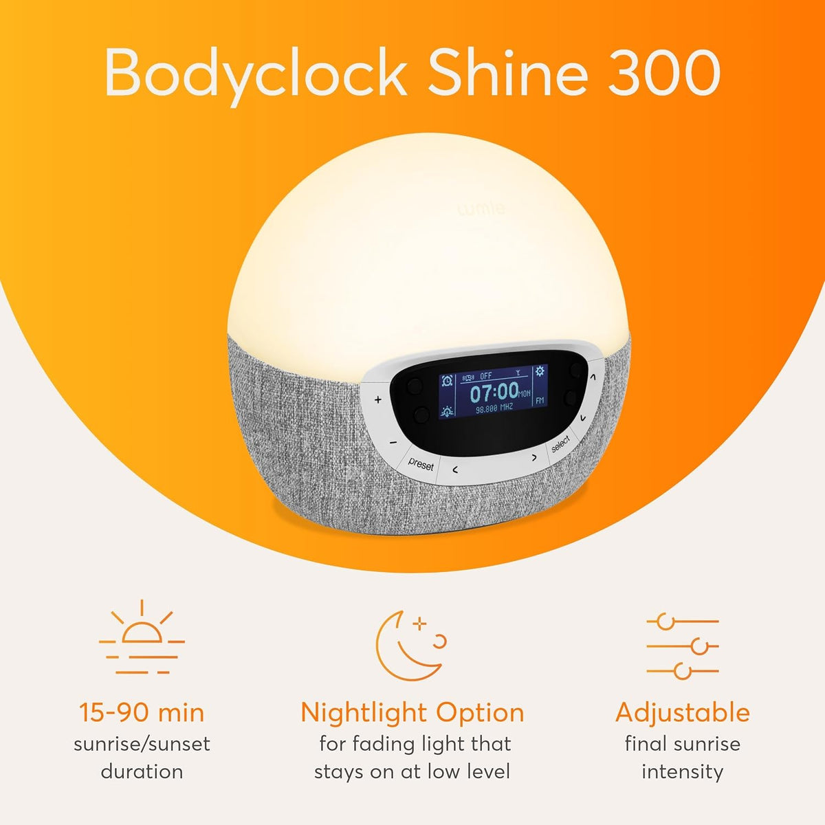 Lumie Bodyclock Shine 300 Sunrise Alarm Clock with Sunset, FM Radio & Reading Light