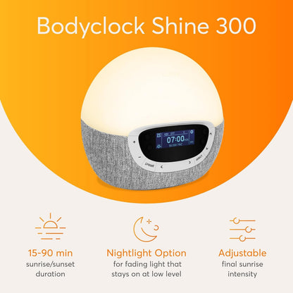 Lumie Bodyclock Shine 300 Sunrise Alarm Clock with Sunset, FM Radio & Reading Light