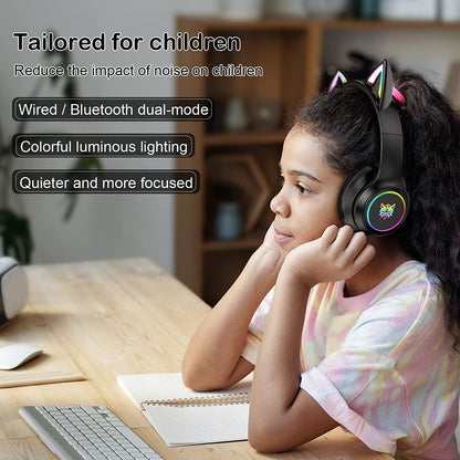 ULTREND Bluetooth Kids Headphones - Cat Ear LED, 85dB Volume, Foldable (Black)