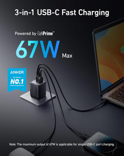 Anker Prime 67W USB C Charger, Anker GaN 3-Port Compact Fast PPS Wall Charger, for MacBook Pro/Air, Pixelbook, iPad Pro, iPhone 17/16/15/Pro, Note20, Pixel, Apple Watch, Black