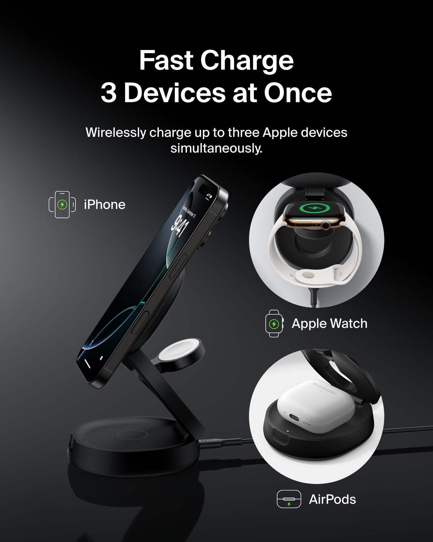Belkin MagSafe 3-in-1 Qi2 Wireless Charging Station 15W, Convertible Wireless Charger for iPhone 17, Apple Watch, AirPods w/ 36W Adapter - Black