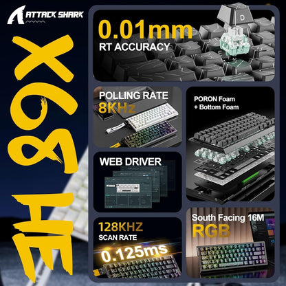 X68 HE 8000Hz Rapid Trigger Magnetic Gaming Keyboard – 0.01mm RT, RGB, 60% - White Contours