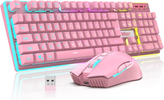 K10 Wireless Gaming Keyboard & Mouse Combo, RGB Backlit, Rechargeable 3800mAh, Pink – PC Gamer Gift