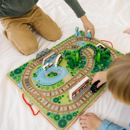 Melissa & Doug Take-Along Wooden Train Set with Foldable Carry Case, 17 Pieces
