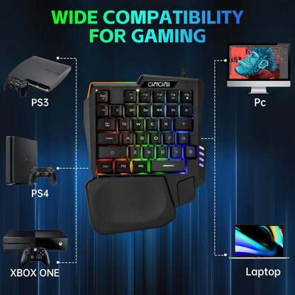 One-Handed RGB Gaming Keyboard Mouse Combo with USB Splitter