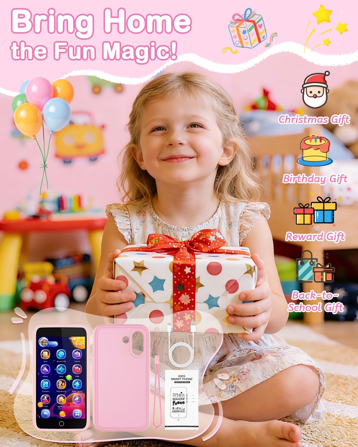 Kids Smart Toy Phone with Dual Camera, 3.97" Touchscreen, 210+ Learning Games, 190+ Drawing Activities, 8GB for Ages 3-12